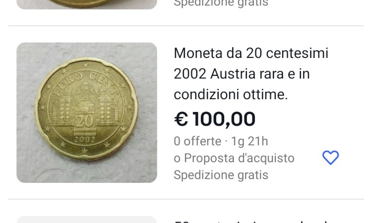 Una moneta da 20 centesimi che vale 100 euro