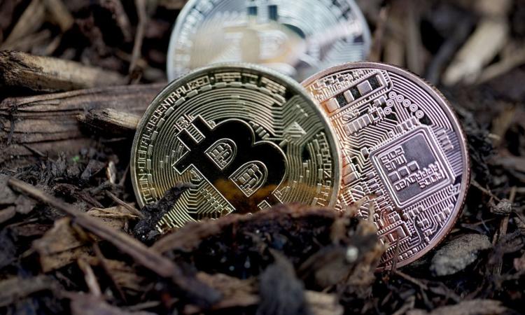 Alcune monete dei BTC su un piano fatto di pezzi di legno