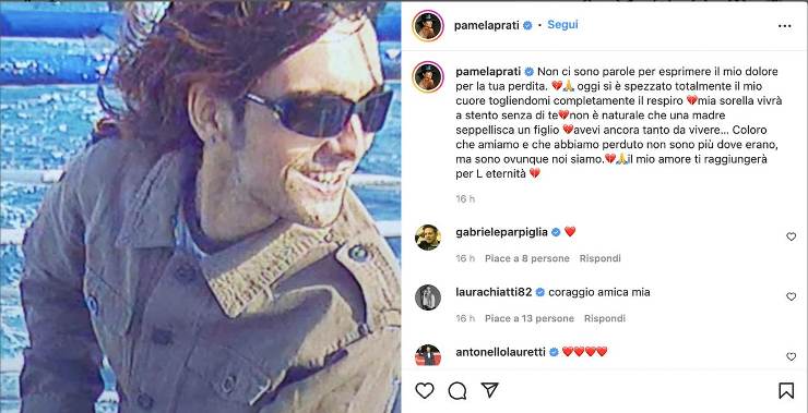 post instgram pamela prati sulla morte nipote